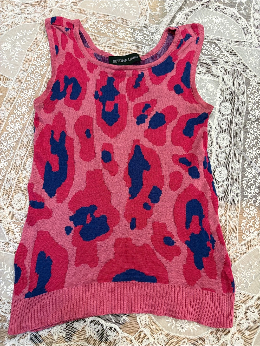 Silk Bettina Liano Pink and Blue Leopard-Print Knit Tank